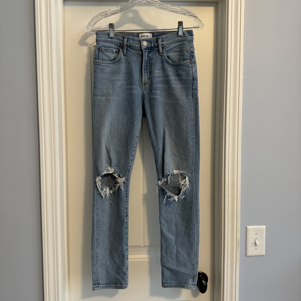 AGOLDE Women's 24 High Waist Distressed Destroyed Knee Straight‎ Leg Jeans